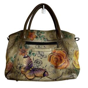 Anna Anuschka Double Handle Shoulder Bag Floral Butterfly Tote *No Crossbody